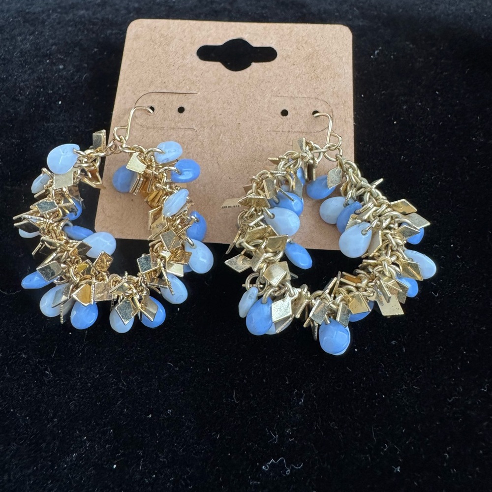 Carolee NEW Blue and Gold Chain and Beaded Boho Classic Festival Hoop Earrings